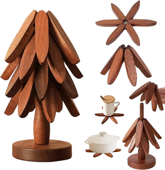 Walnut Wood Tree Trivet Set, Wooden Trivets for Hot Dishes-Tree Shape Trivet Set, Foldable Kitchen WoodenTrivet,for HotDishes Pot Bowl Teapot Hot Pot Holder (Walnut-4 Bracket)