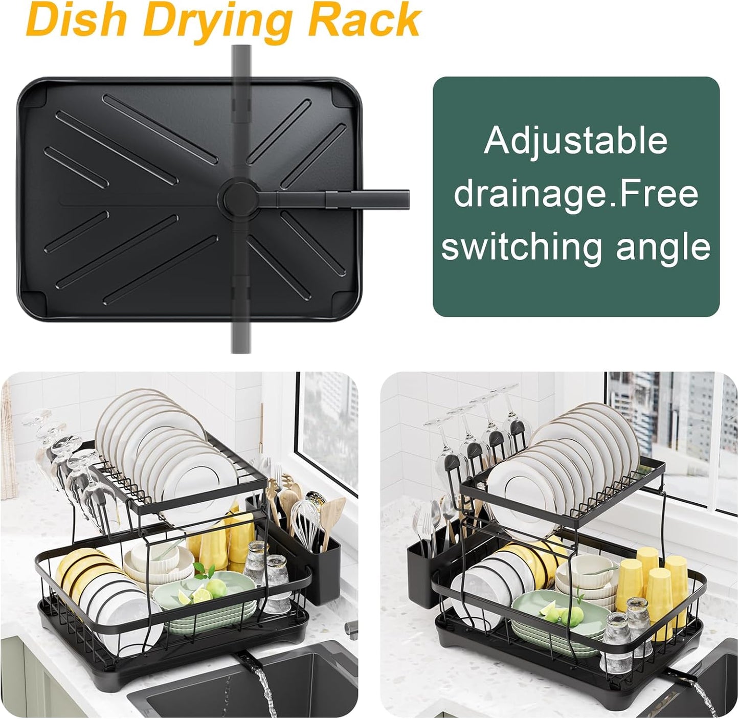 LIYI Dish Drying Rack,Large Dish Rack for Kitchen Counter,2-Tier Dish Racks with draining Tray,Detachable Capacity Dish Drainer Organizer,Black