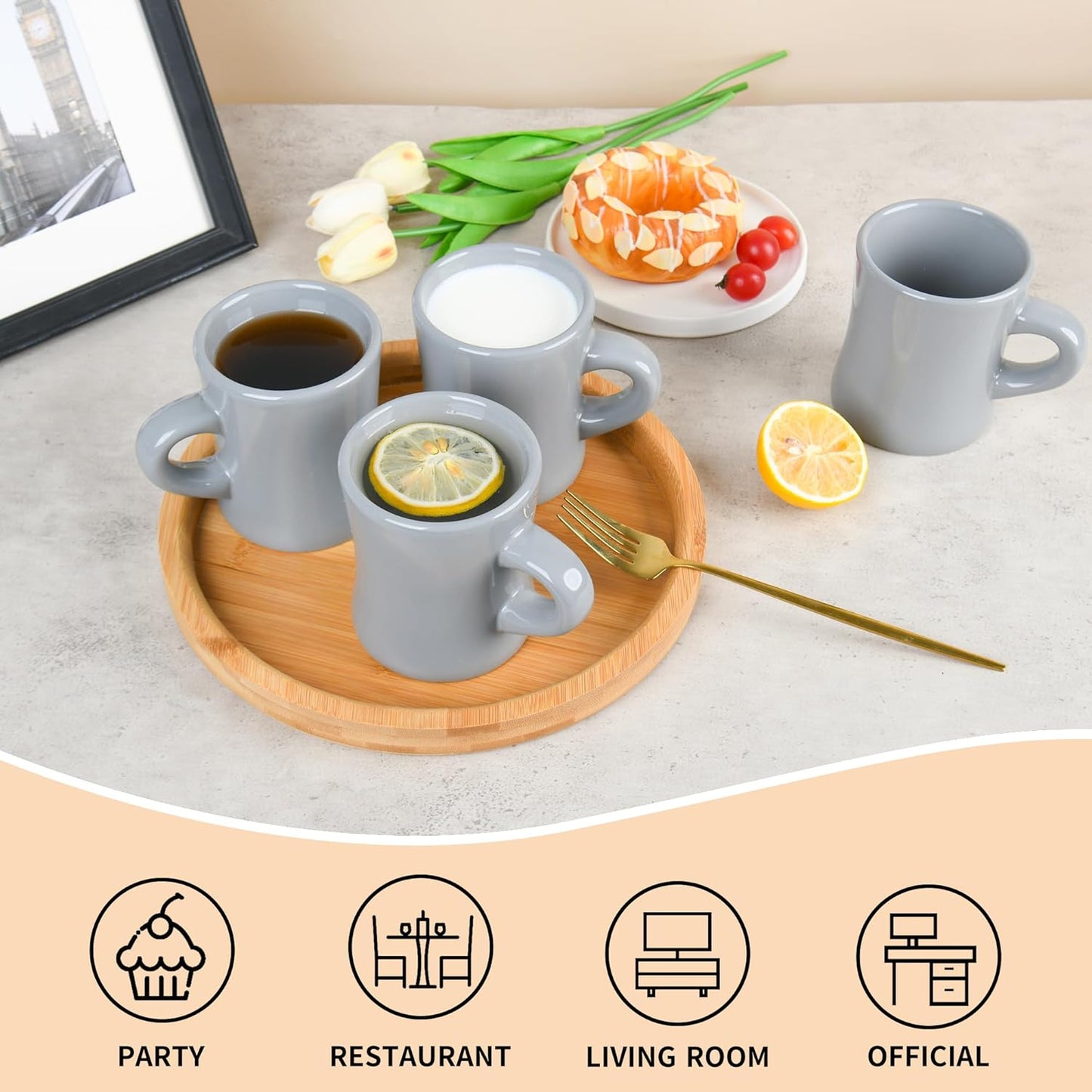 11oz Ceramic Coffee Mug set Stoneware Coffee Cups Set for Restaurant, Diner, Farmhouse, Coffee Shop, Home set of 6(Gray)