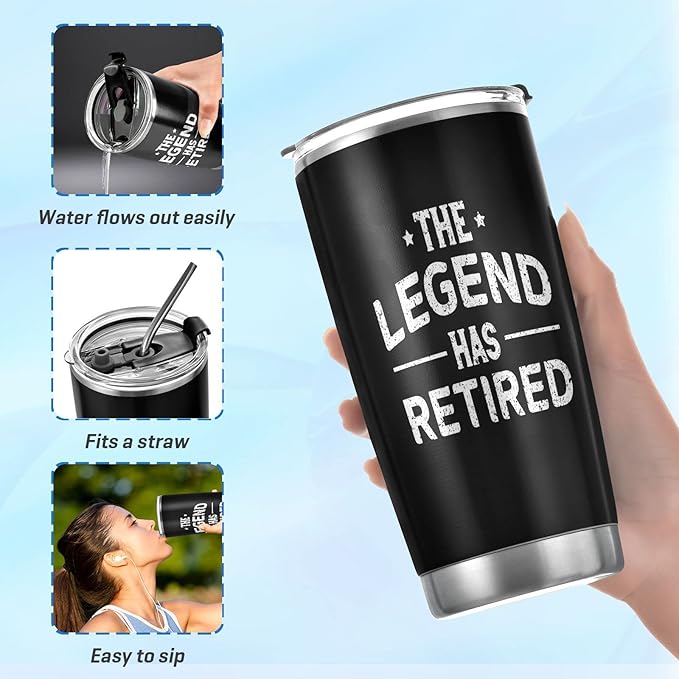 Retired Police Officer Tumbler - The Legend Has Retired American Flag Blue Line Retirement Gift for Men Dad - Stainless Steel Travel Mug 20oz