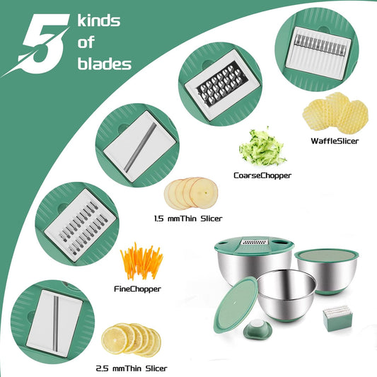 Mixing Bowls Set of 3 Stainless Steel Bowl with Lids Set, Nesting Bowls with Graters Airtight Lids for Cooking, Baking, Prepping(Green)