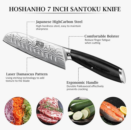 HOSHANHO 7 Inch Santoku Knife, Ultra Sharp Japanese High Carbon Powder Steel Kitchen Knife, Professional Chefs Knife with Ergonomic Handle