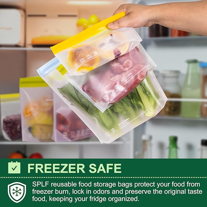 SPLF 8 Pack Stand-Up Reusable Half Gallon Freezer Bags Dishwasher Safe, Extra Thick Leakproof 1/2 Gallon Food Storage Bags, BPA Free Silicone for Meal Prep, Marinate, Veggies, Fridge Organization