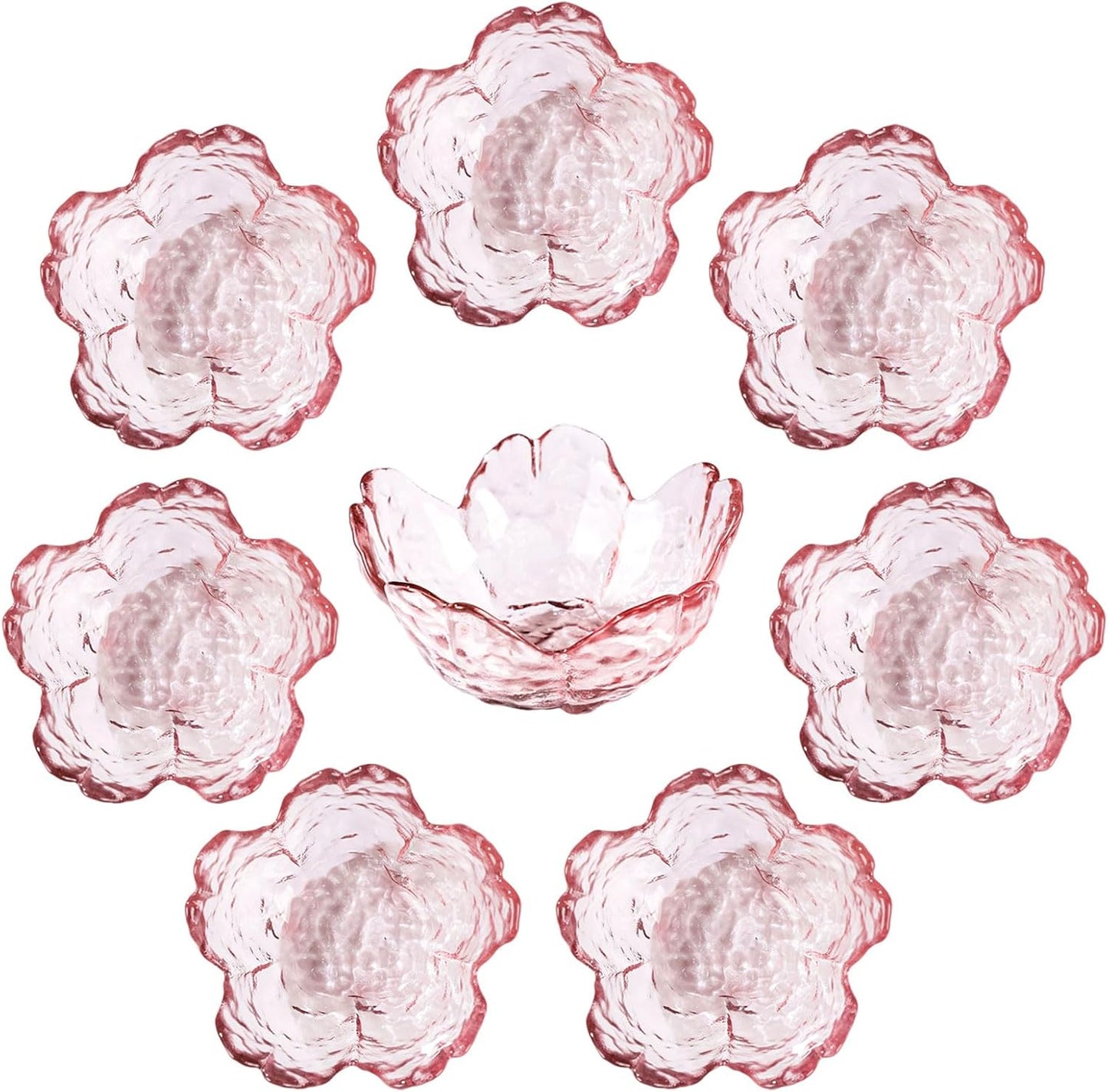 WHJY 8 pack Cute Sauce Dishes Glass Dish Set for Soy Sauce Snacks Tea Bag Mini Glass Bowls Clear Pink Cherry Blossom Soy Sauce Dishes