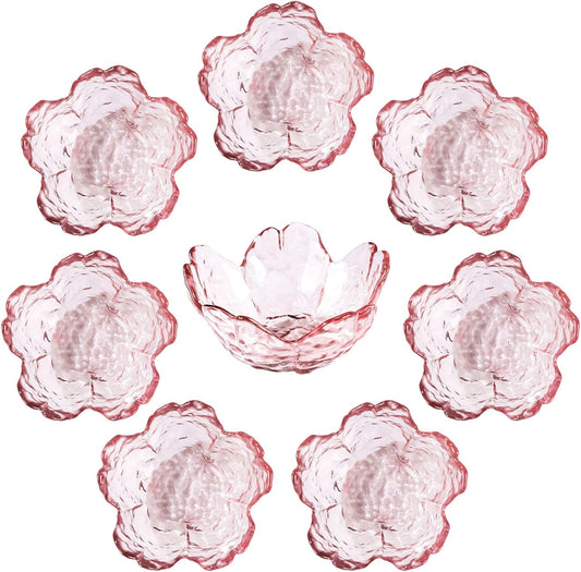 WHJY 8 pack Cute Sauce Dishes Glass Dish Set for Soy Sauce Snacks Tea Bag Mini Glass Bowls Clear Pink Cherry Blossom Soy Sauce Dishes