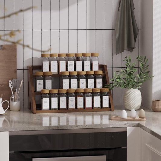 Bamboo Spice Rack Organizer -3-Tier Spice Rack for Countertop,Cabinet Spice Rack Organizer for 27 Spice Jars(4oz)，Step Shelf (Walnut)