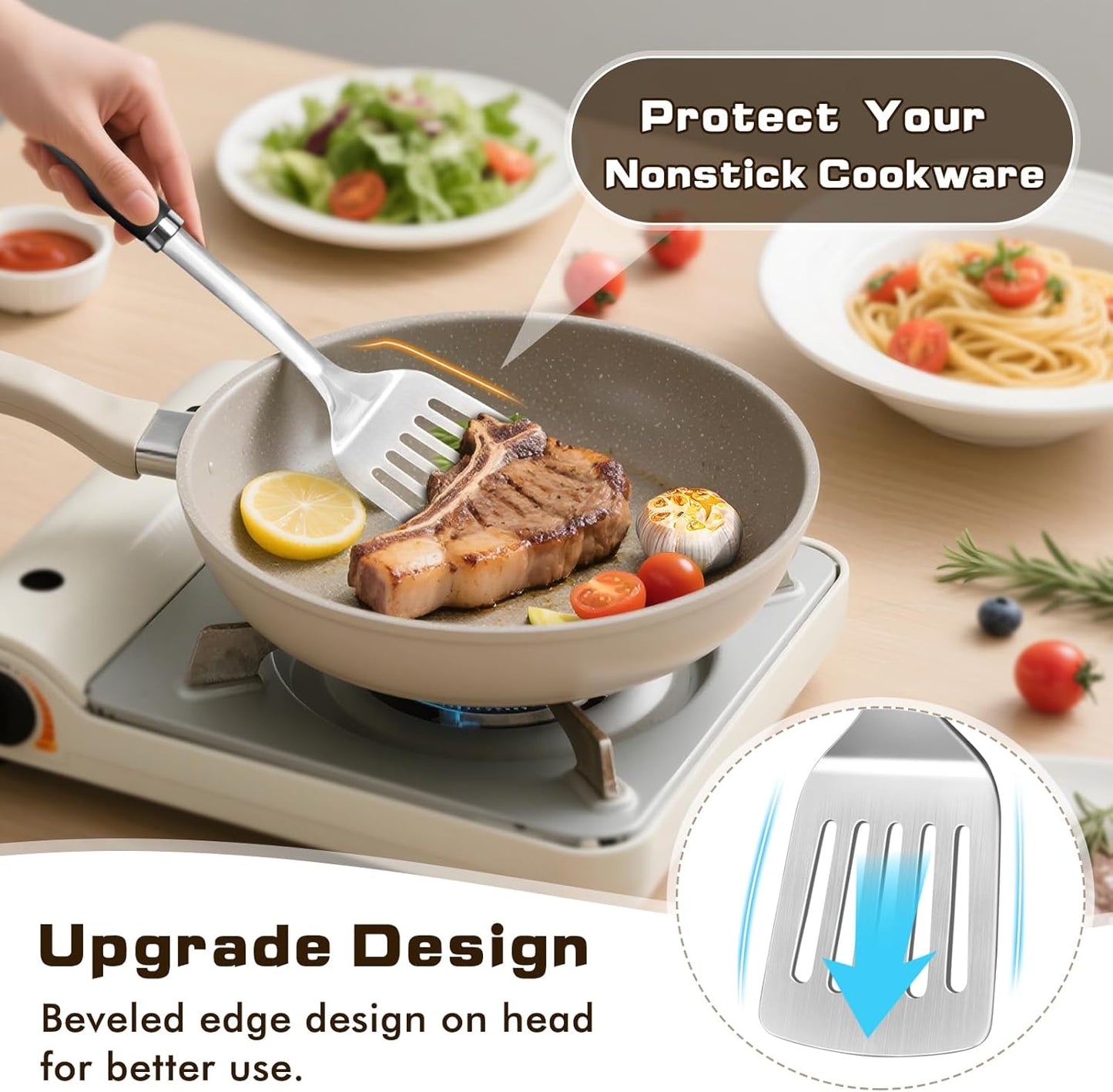 4 Pcs Cooking Utensils Set, Stainless Steel Kitchen Utensils, Heat Resistant Metal Kitchen Tools Include Solid & Slotted Turner Wok Spatula, Serving Spoon, Ergonomic Handle, Easy to Clean, Silver