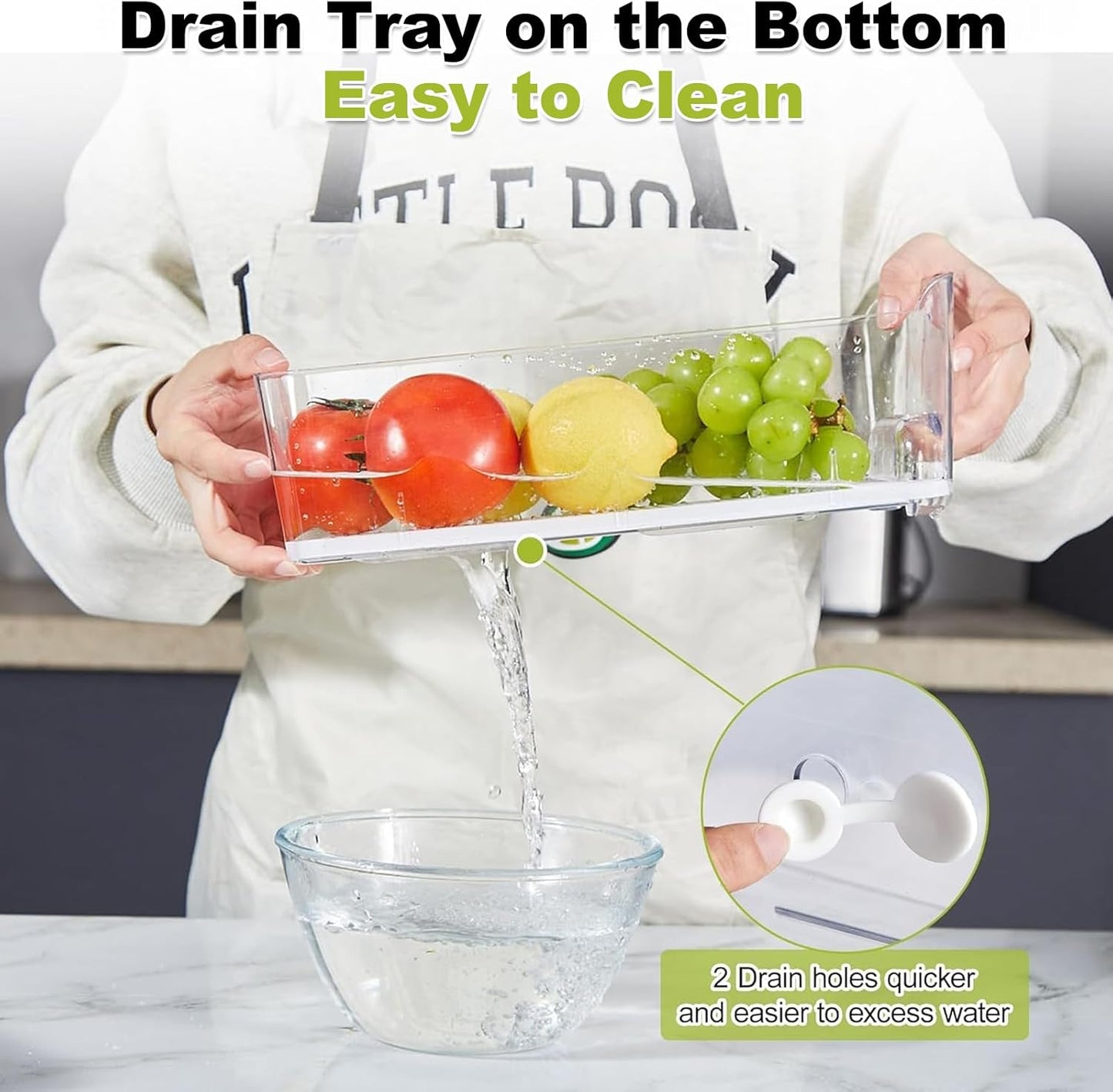 4-Pack Refrigerator Drawer Organizer Bins, Clear Stackable Pull Out Fridge Organizers and Storage Container, with Strainer Layer for Fruits, Vegetables, Drinks, Snack and Food