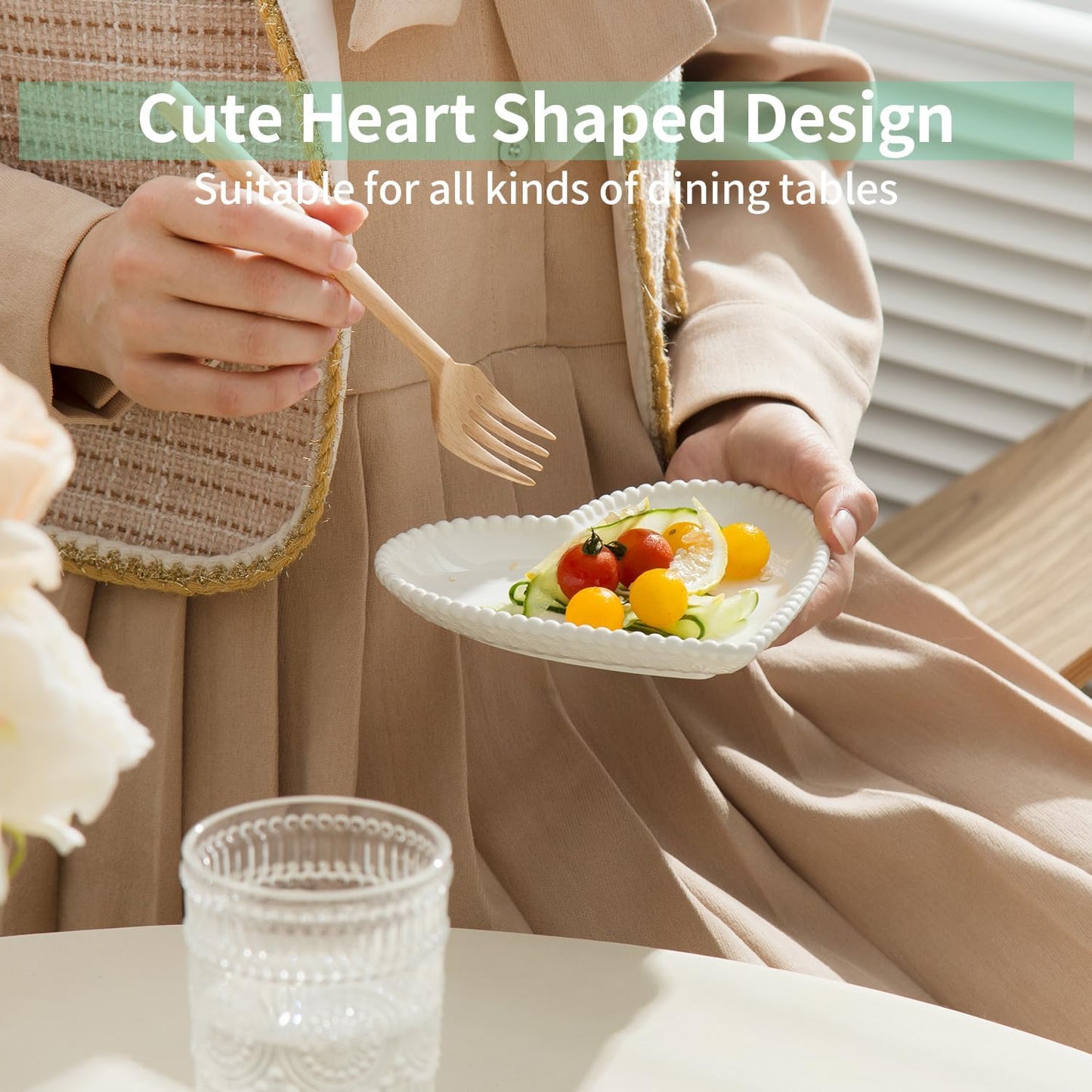 OMAYKEY 6.3 Inch Ceramic Dessert Plates Set of 10, Small Salad Plates, Porcelain Heart Shaped Appetizer Plates, Dinner Plates for Cake, Snack, Ice Cream, Microwave, Oven, Dishwasher Safe, White