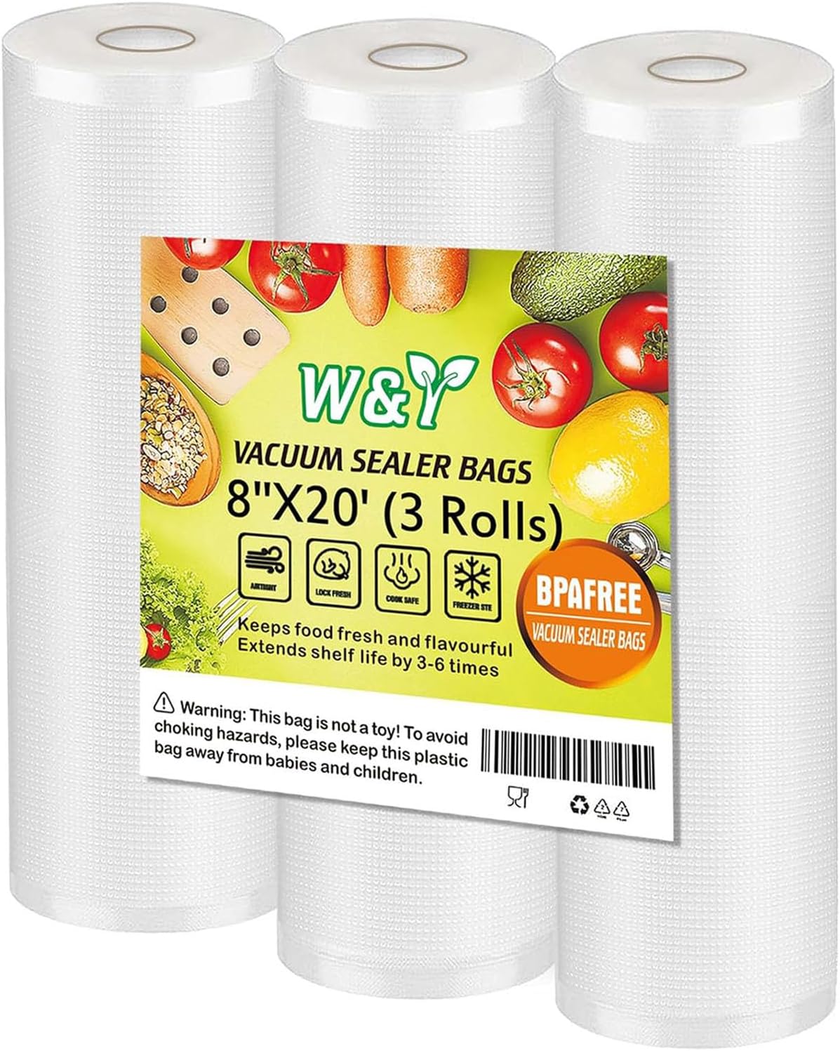 Vacuum Sealer Bags - 8" x 20' (3 Rolls) - Commercial Grade Sous Vide & Food Saver Rolls, Reusable & Resizable, Puncture Protected, Ideal for Cooking & Freezer Storage