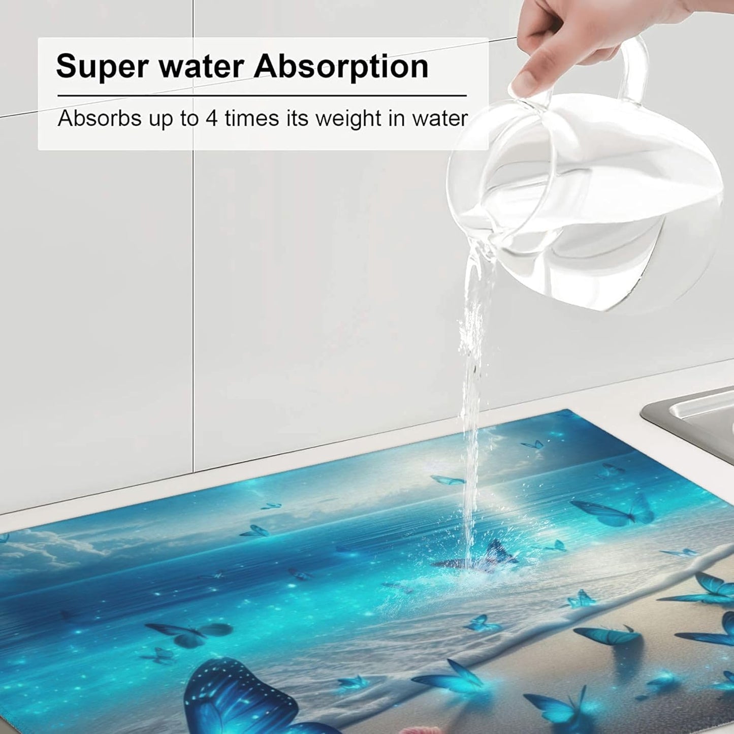 Blue Butterfly Beach Dish Drying Mat 18x24 Inch, Microfiber Absorbent Fast Dry Mat Large Dish Mat Drying Kitchen Mat, Kitchen Drying Pad for Kitchen Counter Coffee Bar Decor Gifts