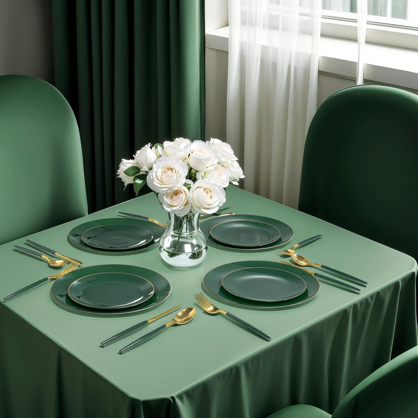 DaYammi 150Pcs Green and Gold Plastic Plates Heavy Duty Gold Rimmed plates Green Plastic Disposable Plates Included 30 Dinner Plate,30 Dessert plate,30 Knives,30 Forks,30 Spoons for Party