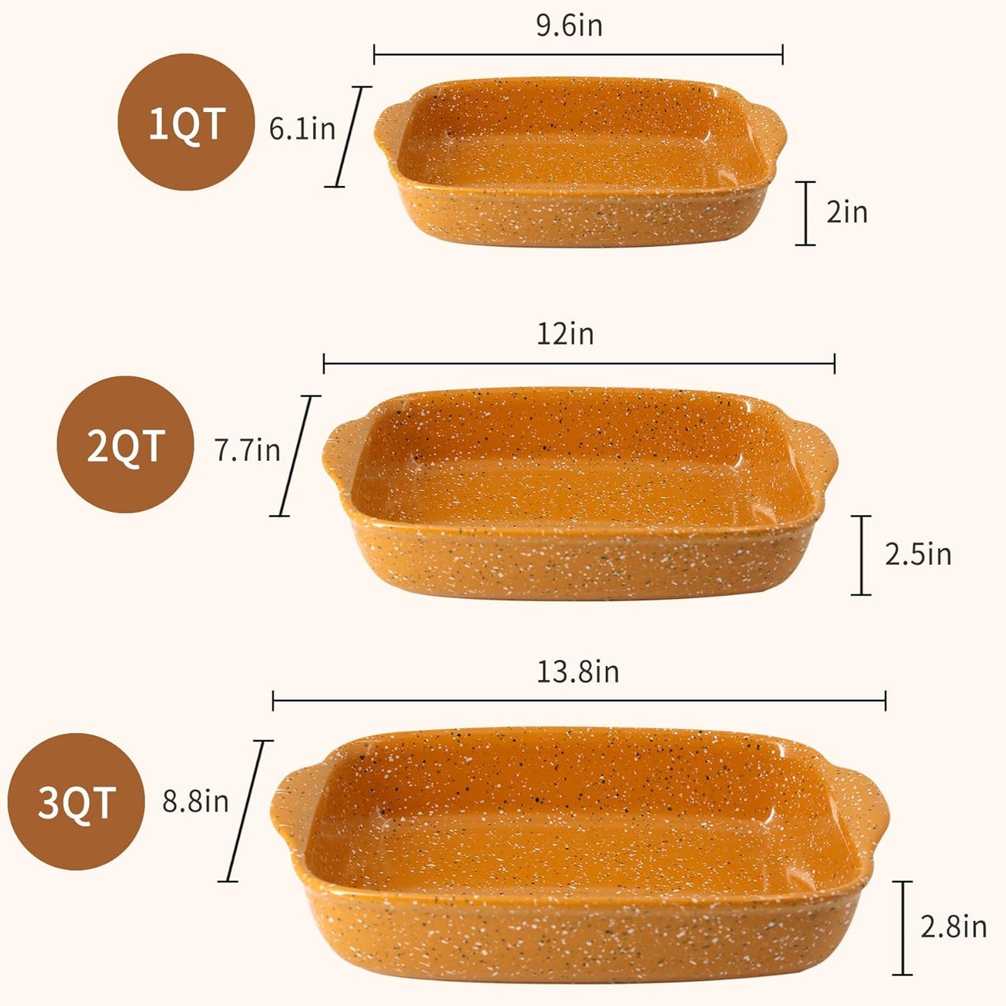 Ceramic Baking Dish Set of 3, Casserole for Oven,Rectangular Bakeware Dishes with Handles,Lasagna Pan Deep,Handcraft Speckle Stoneware Series (13.8''/12''/9.6''Orange)