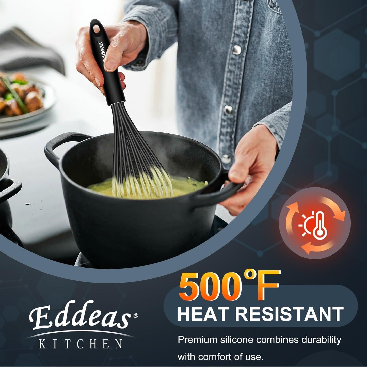 Silicone Whisk - Non Scratch Whisks for Cooking, 500°F Heat Resistant Siliocne Wisk tool, Heavy Duty Kitchen Whisks, for Blending, Beating, set of 4 (5+7+9+11 inch) Black