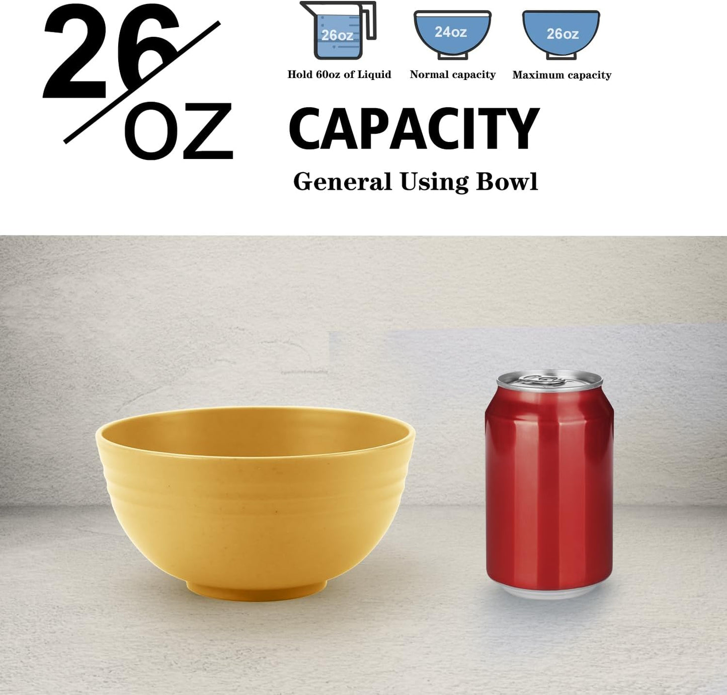 Wheat Straw Bowl Set of 8, Unbreakable Cereal Bowls 26 OZ,Freezer and Dishwasher Safe Bowl Sets,Breakfast Bowls suitable for cereal,salad,snack and soup (Yellow)