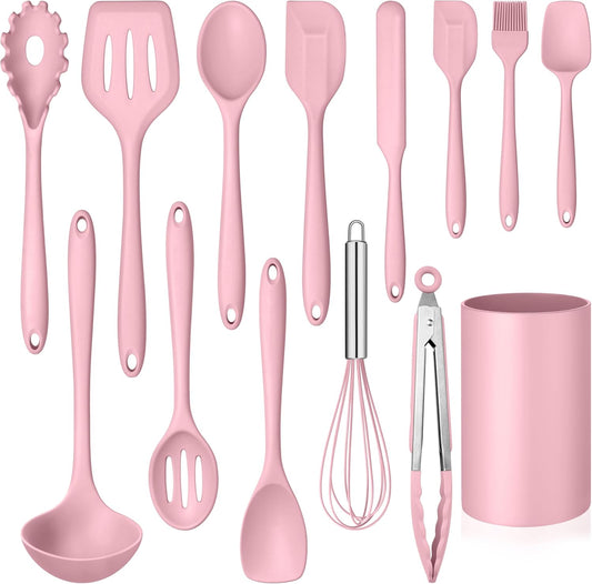 LIANYU 14 Pcs Kitchen Utensils Set, Silicone Cooking Utensils Spatula Set with Holder, Heat Resistant Cookware Tools Includes Spoon Turner Whisk Tong, Dishwasher Safe, Pink