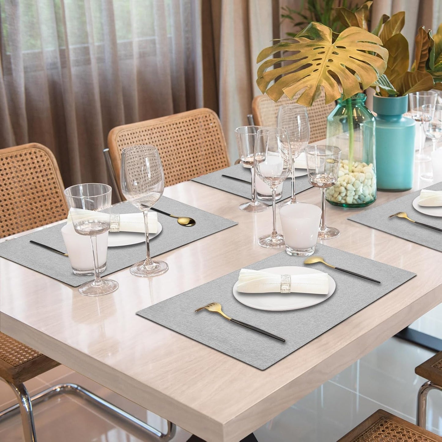 Cloth Placemats Set of 6, Cotton Linen Blend Machine Washable Double Layered Durable Place Mats Heat Resistant Placemats Wrinkle Free Thick Fabric Dining Table Mats (Light Grey, 6)