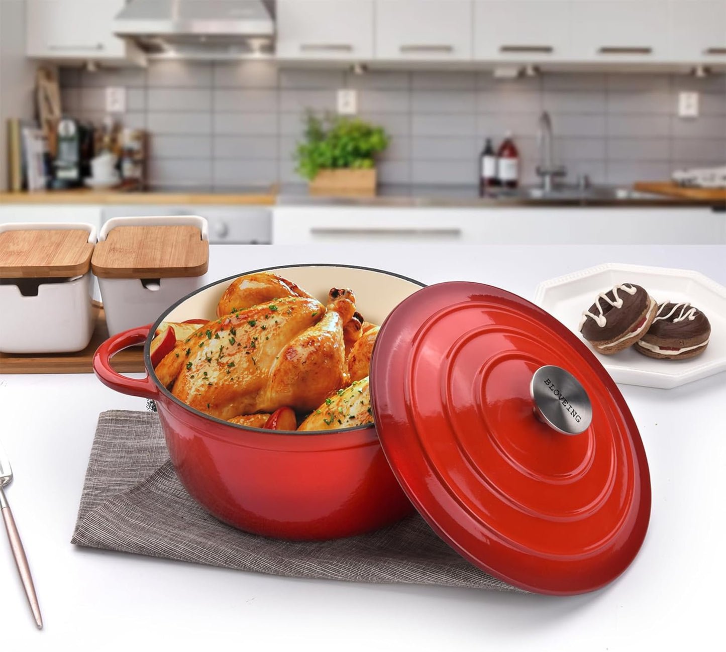 3 QT Enameled Cast Iron Dutch Oven with Lid Round Dutch Oven Big Dual Handles Classic Round Pot for Home Baking, Cooking, Red
