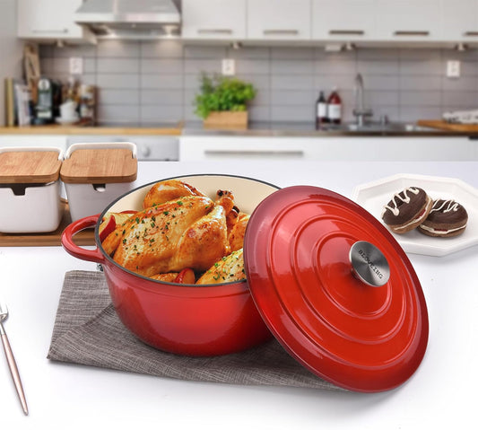 3 QT Enameled Cast Iron Dutch Oven with Lid Round Dutch Oven Big Dual Handles Classic Round Pot for Home Baking, Cooking, Red