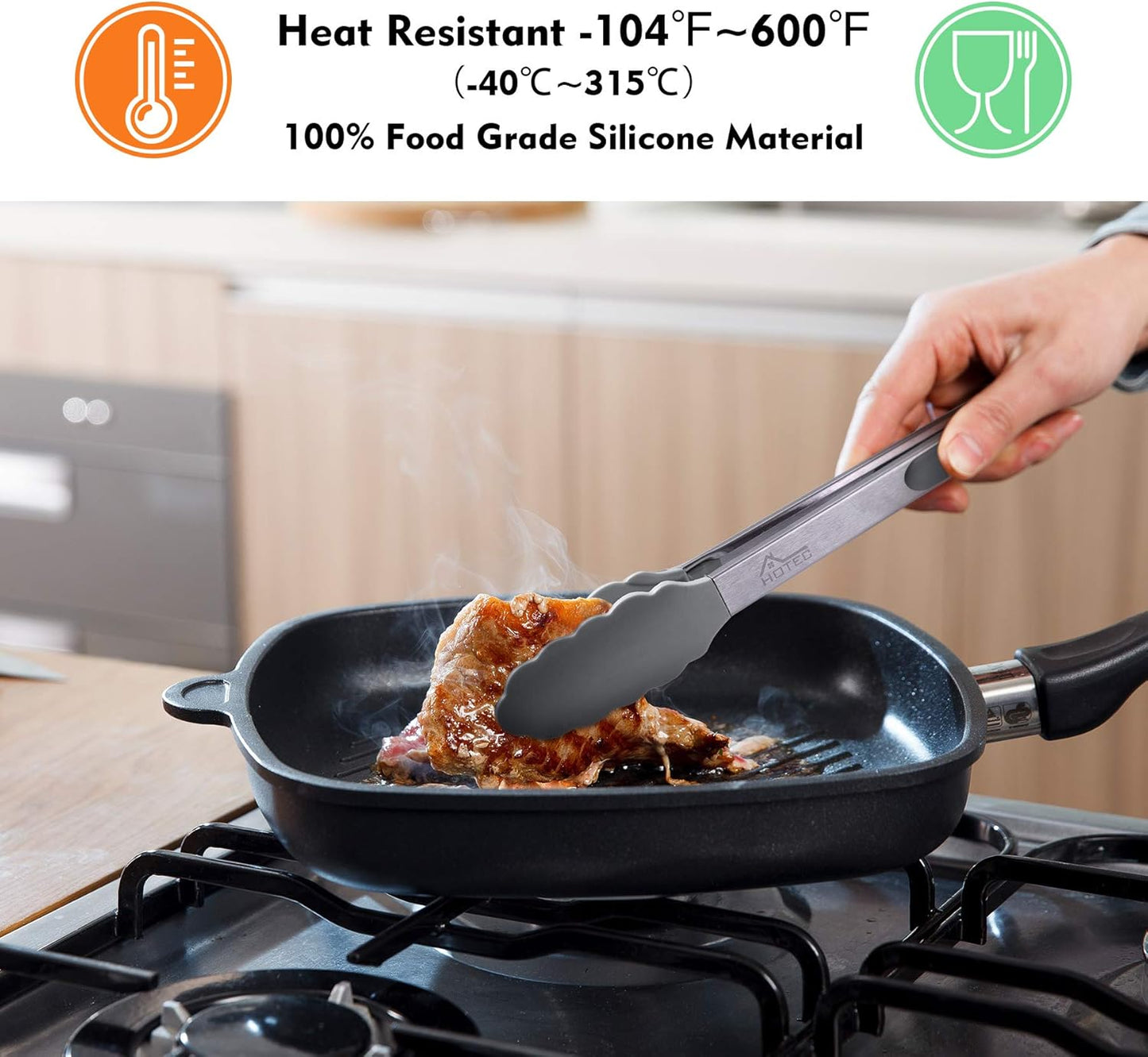 HOTEC Premium Stainless Steel Locking Kitchen Tongs with Silicon Tips, Set of 2-9" and 12" Light Grey