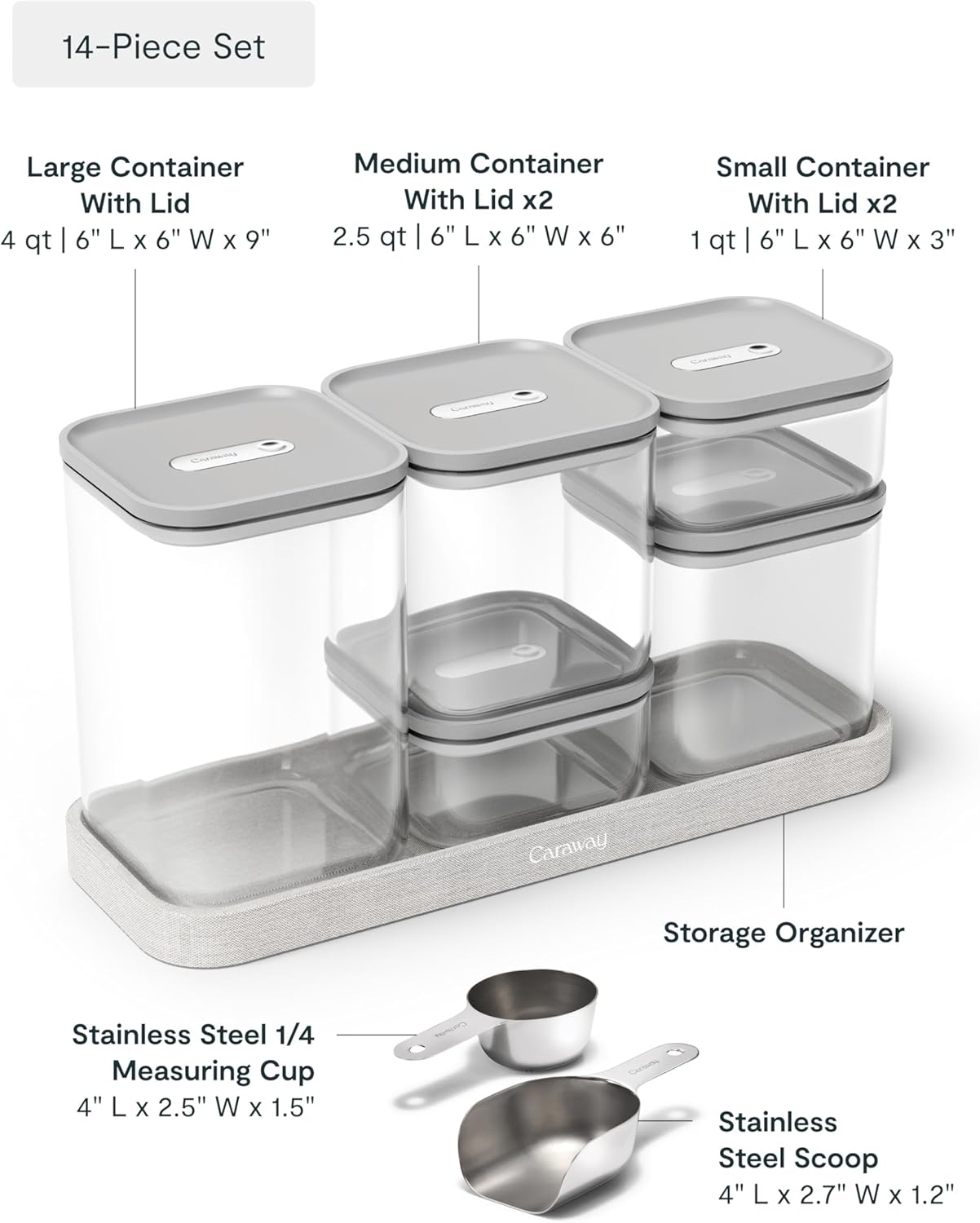 Caraway 14-Piece Glass Airtight Food Storage Containers with Lids – Non-Toxic, BPA-Free Kitchen Storage Containers – Stackable, Space-Saving Airtight Containers for Dry Goods and More - Gray