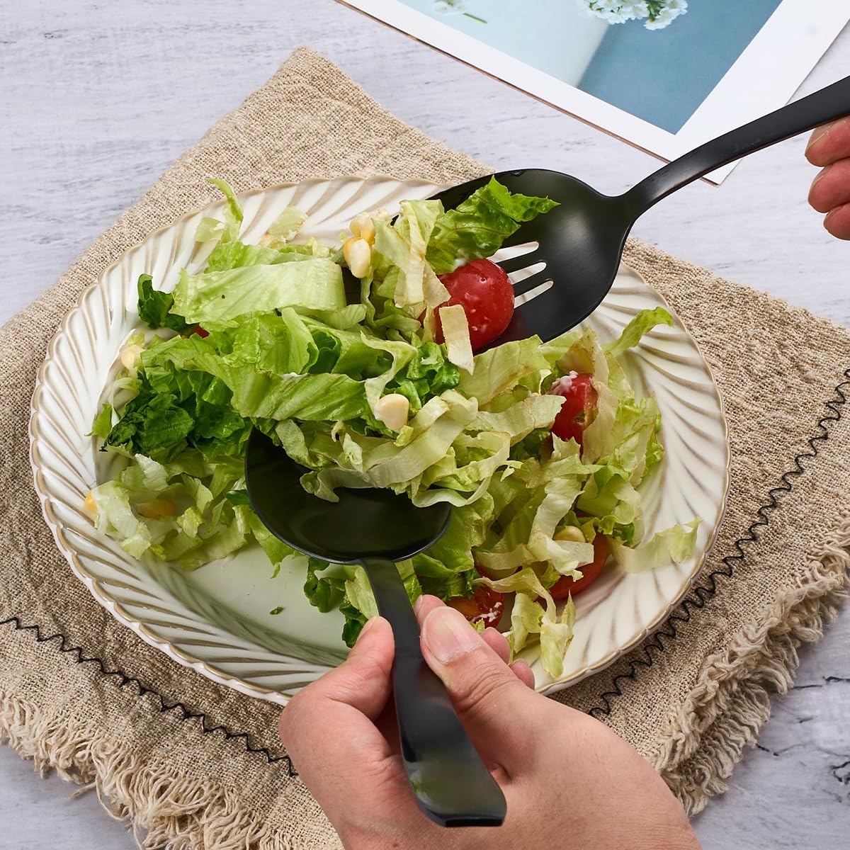 6 Pieces Large Black Serving Utensils, Stainless Steel Catering Buffet Serving Set Hostess Set, Serving Spoon x 2, Slotted Serving Spoon x 2 and Serving Forks x 2 for Party Banquet Cooking