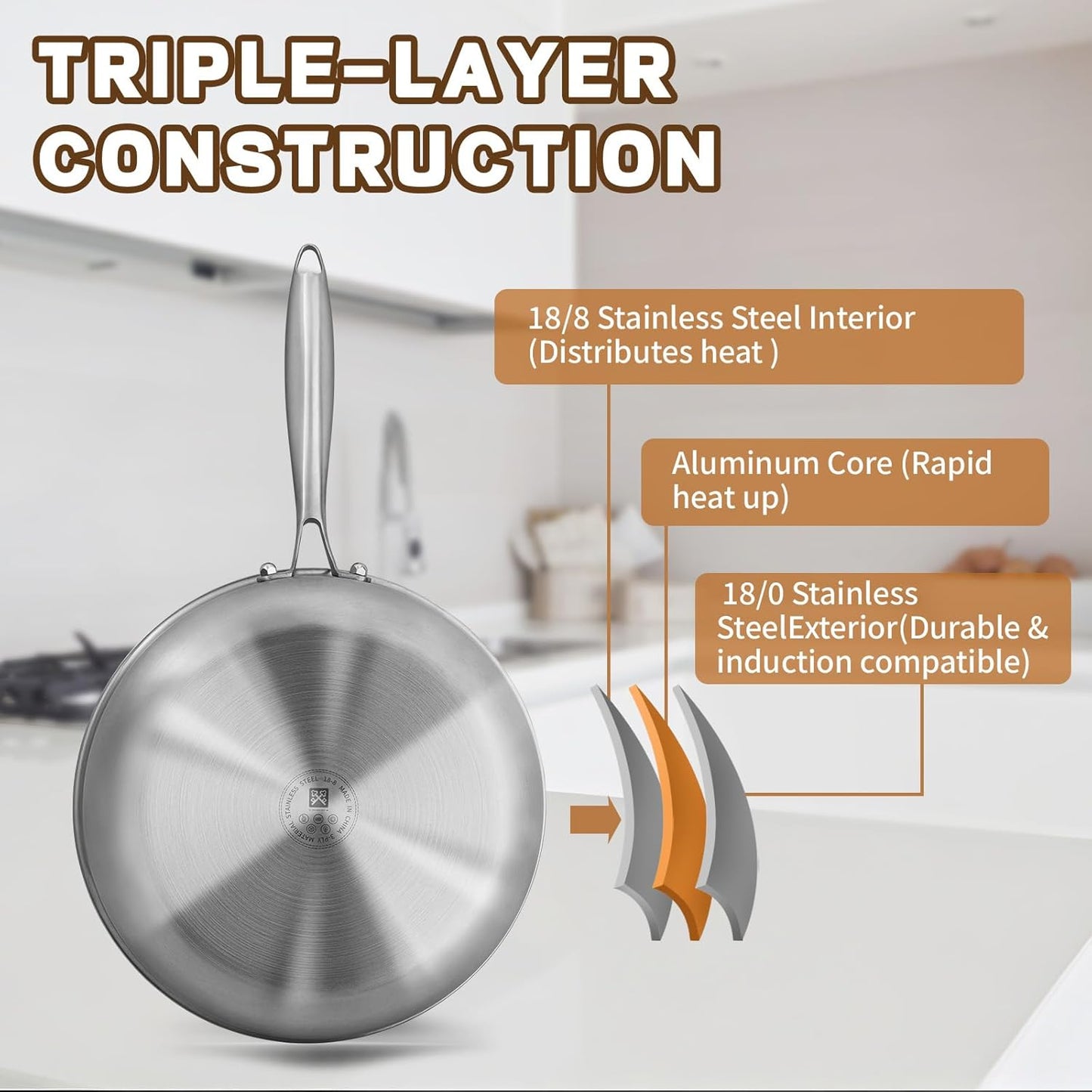 GOLDEN KEY 12 Inch Tri-Ply Stainless Steel Frying Pan, Stainless Steel Pans with Lid,Stainless Steel Skillet Induction All Cooktops, PFOA/PTFE Free Skillet,Health&Safety,Heavy Duty&Fast & Even Heat