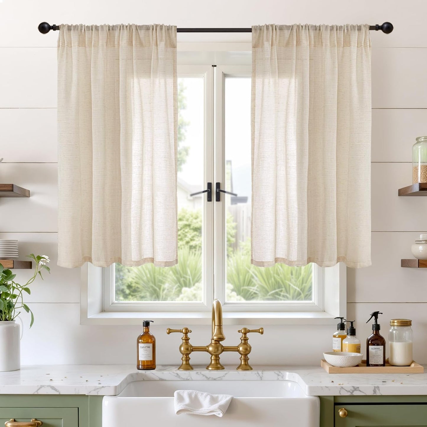 BGment 40 Inch Length Burlap Linen Curtains for Kitchen Window - Short Semi Sheer Drapes Natural Light Filtering with Rod Pocket for Cafe Bathroom Bedroom Lightweight, 2 Panels Set, 42 X 40 Inch