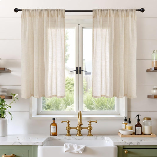 BGment 40 Inch Length Burlap Linen Curtains for Kitchen Window - Short Semi Sheer Drapes Natural Light Filtering with Rod Pocket for Cafe Bathroom Bedroom Lightweight, 2 Panels Set, 42 X 40 Inch