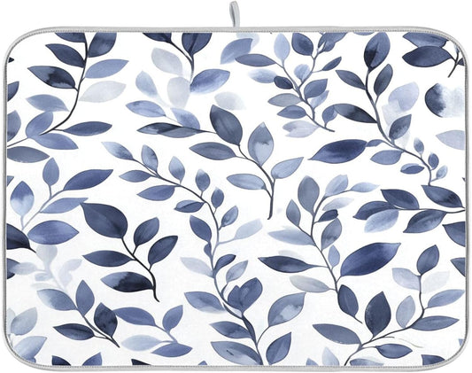 Light Gray Leaves Dish Drying Mat for Kitchen Counter Super Absorbent Dishes Pad Reversible Microfiber Protector Dish Draining Mats 18x24 inch
