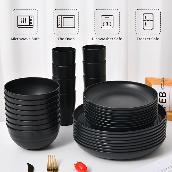 32 Piece Wheat Straw Dinnerware Set - Black Plates and Bowls for 8, Unbreakable, Dishwasher & Microwave Safe, Reusable, Lightweight Tableware, Ideal for Camping and Everyday Use