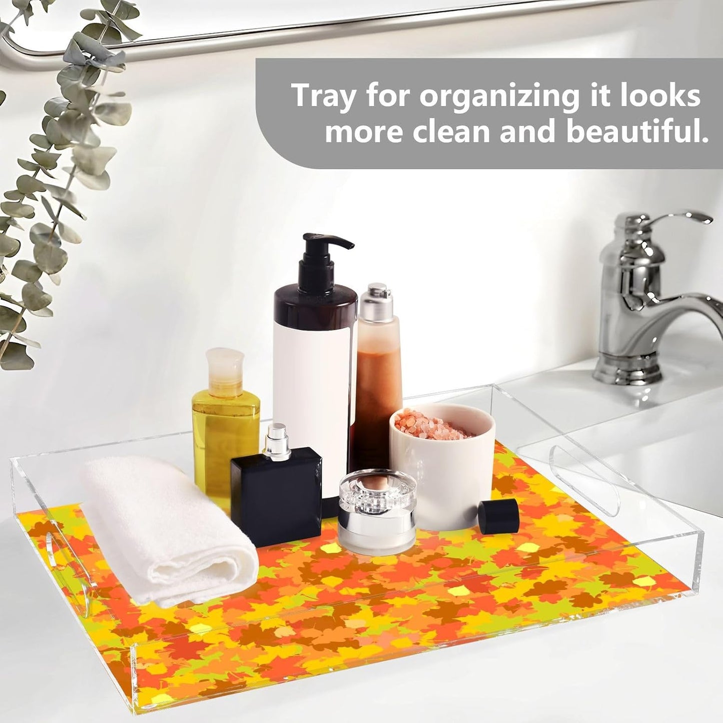 Acrylic Serving Tray with Handles Spill Proof Kitchen Storage Tray Clear Decorative Tray Makeup Drawer Organizer Storage Tray for Bathroom Living Room Ottoman 15.7x11.8Inches