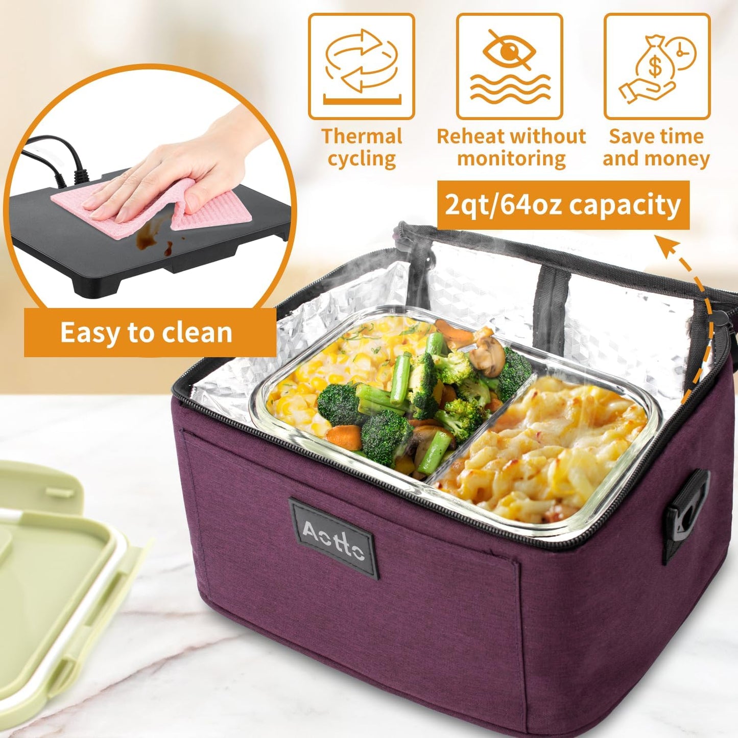 Aotto Portable Oven, Electric Lunch Box Food Heater - 12V/24V/110V 3-in-1 Car Food Warmer - Heated Lunch Box for Adults - Cook, Reheat & Keep Meals Warm for Vehicle, Travel, Work, Home - Deep Purple