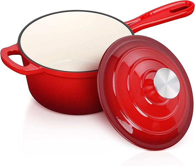 Enameled Cast Iron Sauce Pan with Lid, Leonyo 2 Quart Saucepan with Lid, Enamel Cast Iron Dutch Oven Kitchen Cookware for All Cooktops Making Pasta Sauce, Milk, Oatmeal - Up to 500°F & 6.7Lbs, Red