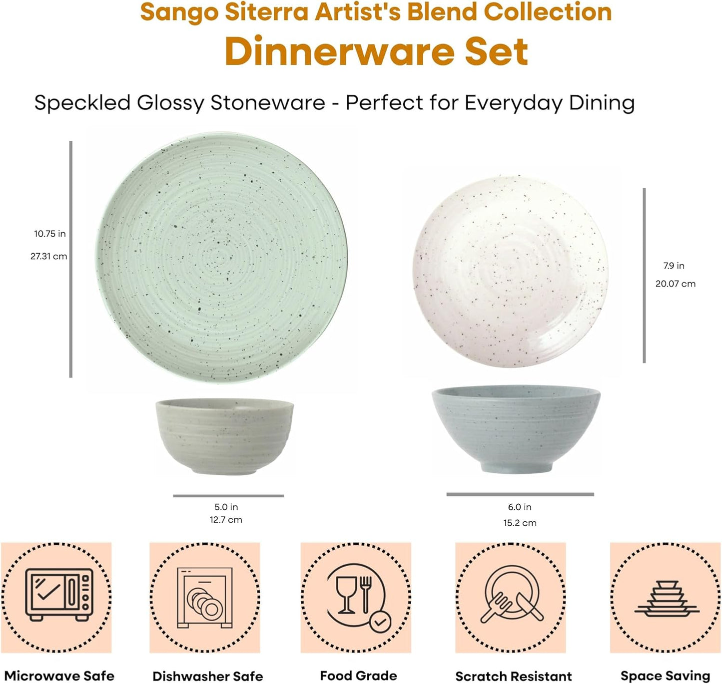 Sango Siterra Artist's Blend 16-Piece Stoneware Dinnerware Set for 4, Green, Cream & White Glossy Dishes with Speckles, Ceramic Plates and Bowls Sets for Everyday Dining, Microwave & Dishwasher Safe