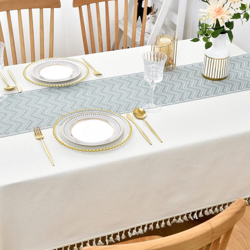 Heavy Duty Cotton Linen Table Cloth, Rectangular, White, 52x120 inch, Farmhouse Style, Checkered Pattern, Heavy Weight, Machine Washable