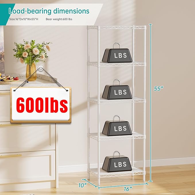 SINGAYE 5 Shelves Storage Shelf Wire Closet Bathroom Organizers Metal Pantry Kitchen Small Garage Shelving Unit Laundry Room Organization Home Corner Rack Estantes para Cocina White 10" Dx16 Wx55”H