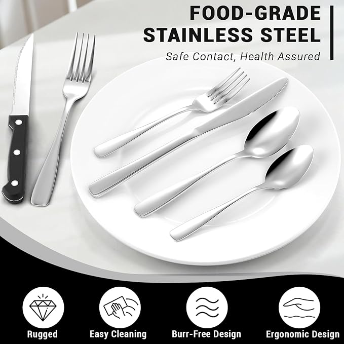 BEWOS 72-Pieces Silverware Set for 12 - Stainless Steel Flatware Set with Mirror Polish, Cutlery Set Including Steak Knives, Forks and Spoons, Dishwasher Safe for Restaurant (Silver)