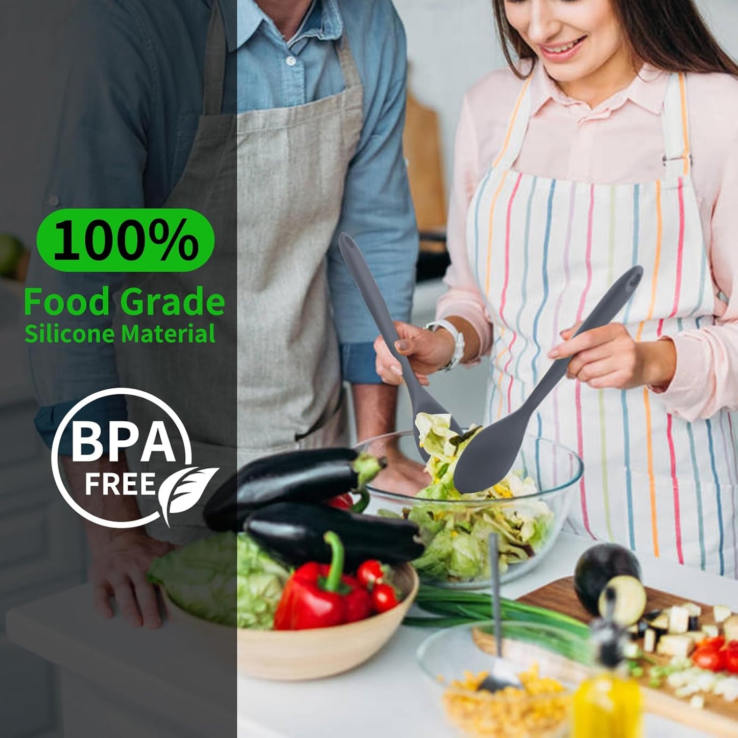 2 Pcs Silicone Nonstick Mixing Spoon, Silicone Spoons for Cooking Heat Resistant, Cooking Utensil for Kitchen Cooking Baking Stirring Serving (Grey)