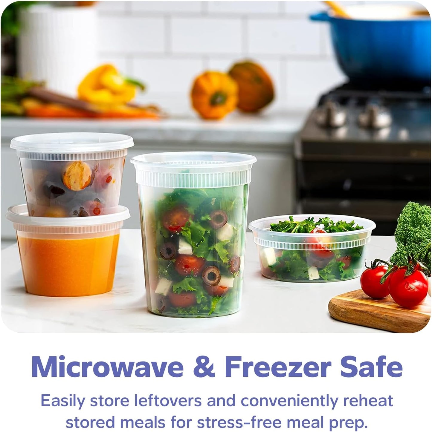 GUSTO To Go Food Containers with Lids [8 oz, 16 oz, 32 oz - 48 Count] - Deli Plastic Food Storage Containers with Lids for Meal Prep, Leftovers, and Freezer Storage - Formerly Comfy Package