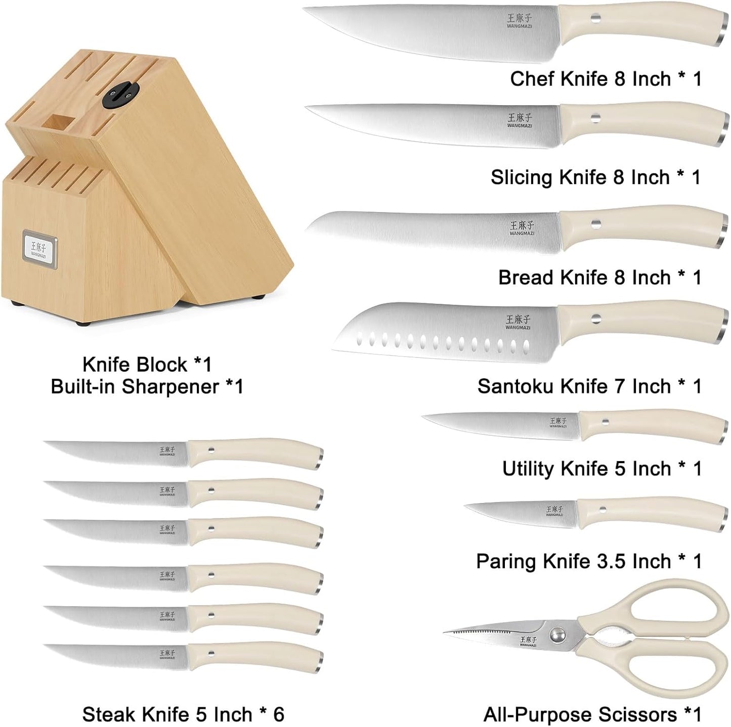 Professional Kitchen Knife Set, Chef Knife Block Set German Stainless Steel Razor-sharp Blade, Ergonomic Comfortable Handle,Hundreds of Years of Masterful Craftsmanship(Ivory,15PCS)