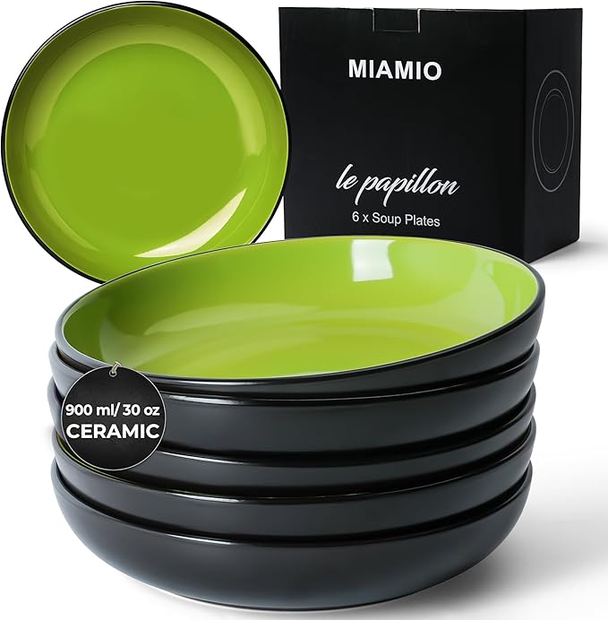MIAMIO – 30 Oz / 8.6 Inch Set of 6 Pasta Bowls/Salad Bowls, Pasta Plates Wide and Shallow Bowl, Large Ceramic Stoneware Deep Plate Serving Soup - Le Papillon Collection (Green)