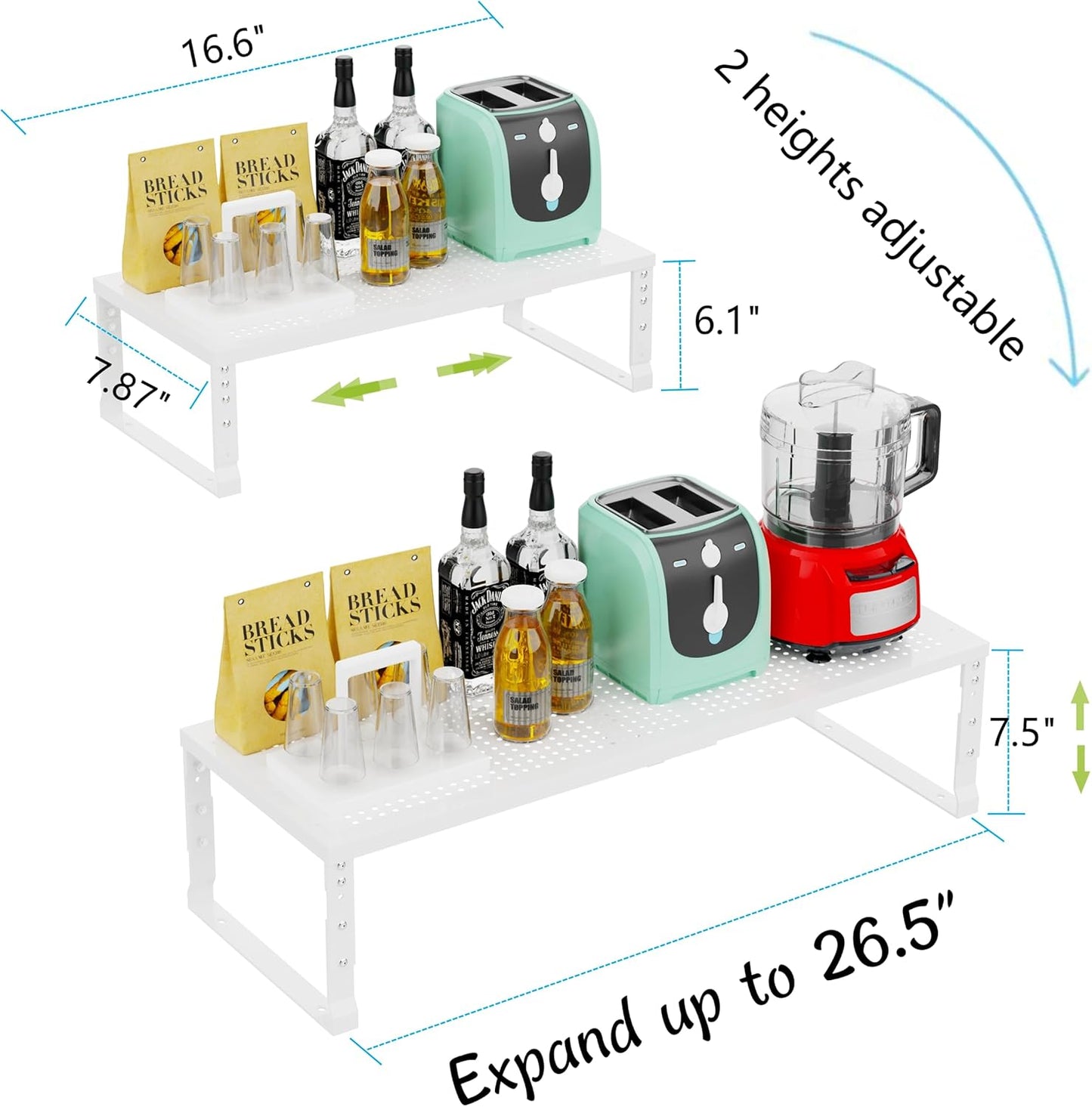 Expandable Adjustable Stackable Kitchen Organizer, Spice Rack,Metal Pantry Storage Shelves Racks,Counter Shelf for Cabinets, Countertop, Cupboard (2 Packs/Medium/White)