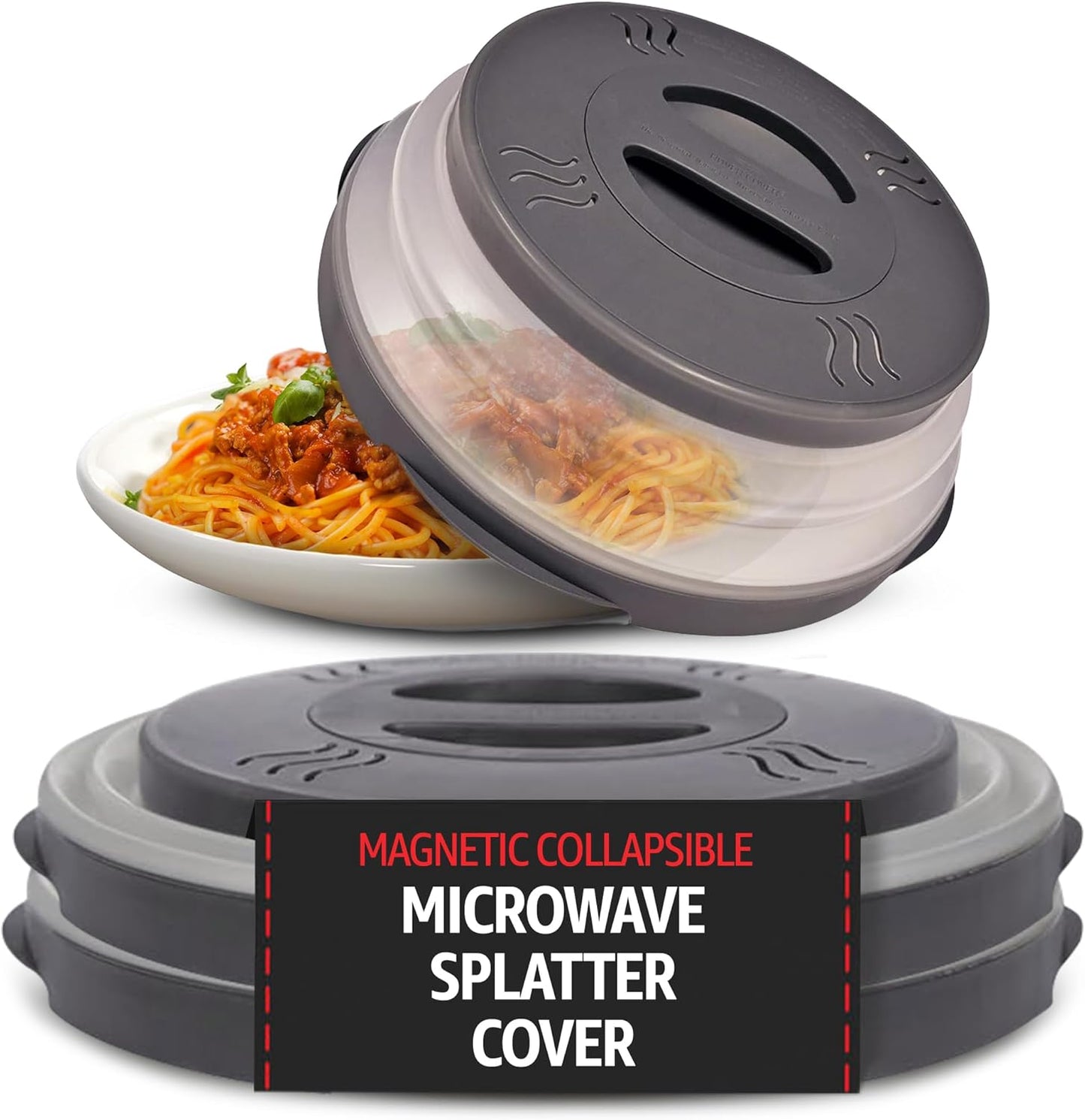 Stronger Magnet Microwave Splatter Cover with stronger magnetic grip, Collapsible 12-Inch BPA-Free Food Lid, Vented Plate Guard, Dishwasher Safe, Space-Saving Magnetic Storage - Gray 2-Pack