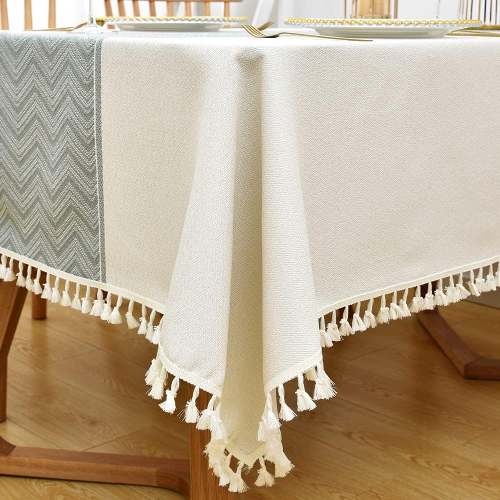 Heavy Duty Cotton Linen Table Cloth, Rectangular, White, 52x120 inch, Farmhouse Style, Checkered Pattern, Heavy Weight, Machine Washable