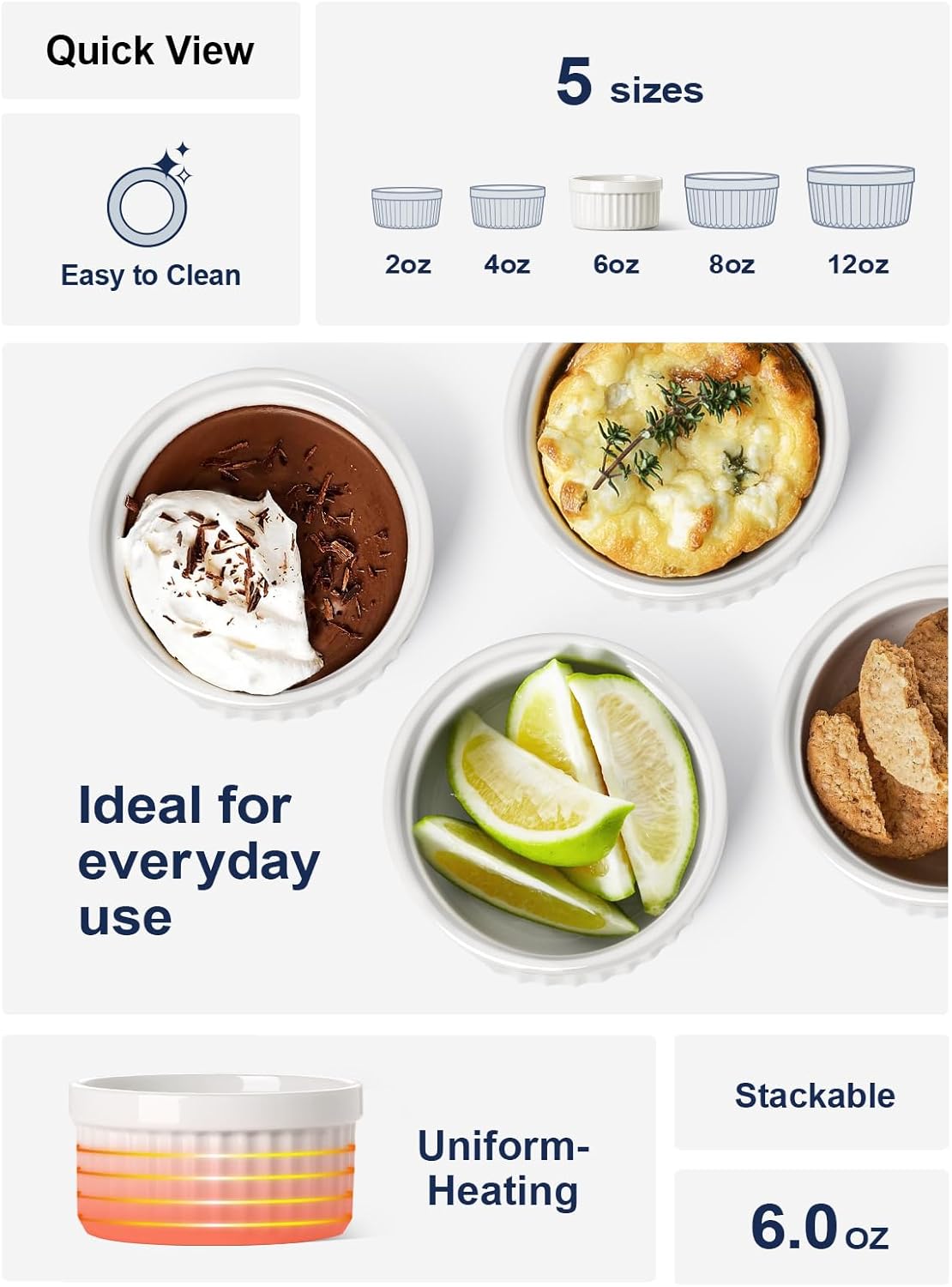 LE TAUCI Ramekins 6 OZ, Ceramic Souffle Dishes, Oven Safe Custard Cups for Baking, Creme Brulee, Pudding, Dessert, Microwave & Dishwasher Safe, Set of 6, White