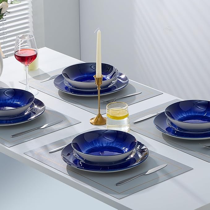 Bestone Porcelain Dinnerware Sets Service for 4, 12 pcs Hand drawn Plates and Bowls Sets, Handmade Ceramic Dish Set, Chip Resistant Modern Plate Set, Dishwasher/Microwave Safe，Dark Blue