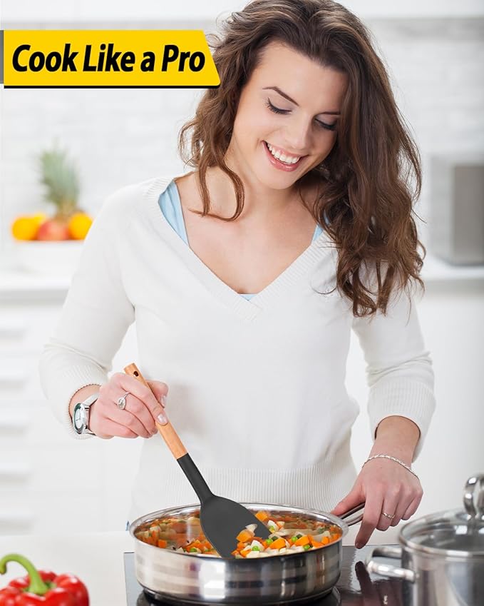 Pack of 4 Silicone Cooking Utensils Set, Non Stick Solid Spatulas and Heat Resistant Slotted Spoons with Wooden Handle, Ideal Wood Kitchen Utensils Set for Frying,Serving,Turning,Stirring (BLACK)