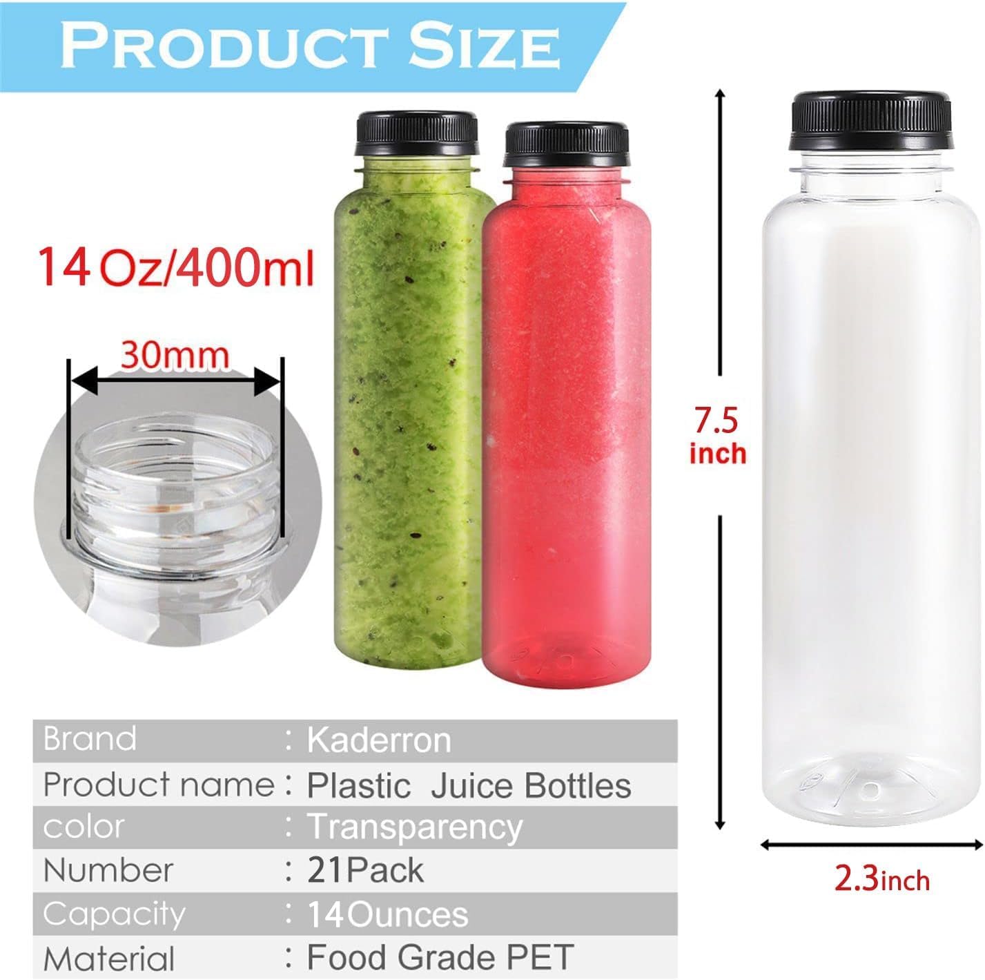 21pcs 14oz Plastic Juice Bottles with Caps, Empty PET Disposable Plastic Bottles, Clear Bulk Drink Containers with Black Tamper Evident Lids for Juicing, Drinking and Other Beverages