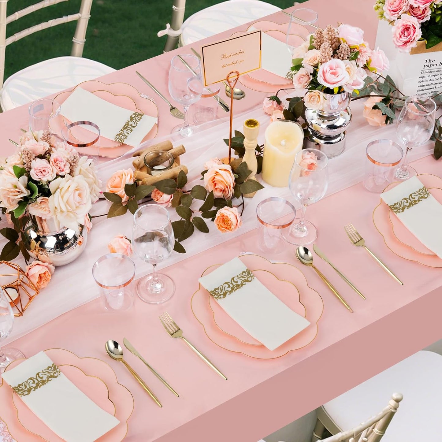 60pcs Pink Plastic Plates with Gold Rim Heavy Duty Scalloped Plastic Plates Disposable Includes:30 Dinner and 30 Dessert Plate Perfect for Birthday and Wedding ,Pink Graduation Decorations 2025